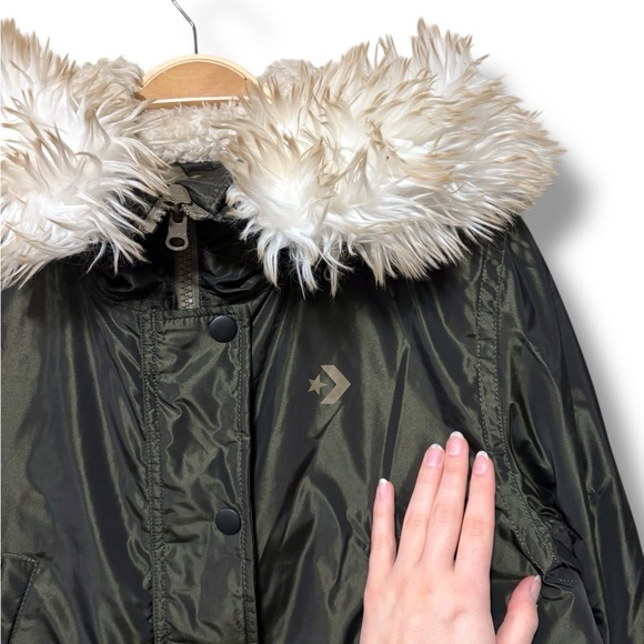Converse Olive Green Down Winter Parka Coat with Faux Fur Hood Size Large - Picture 5 of 8